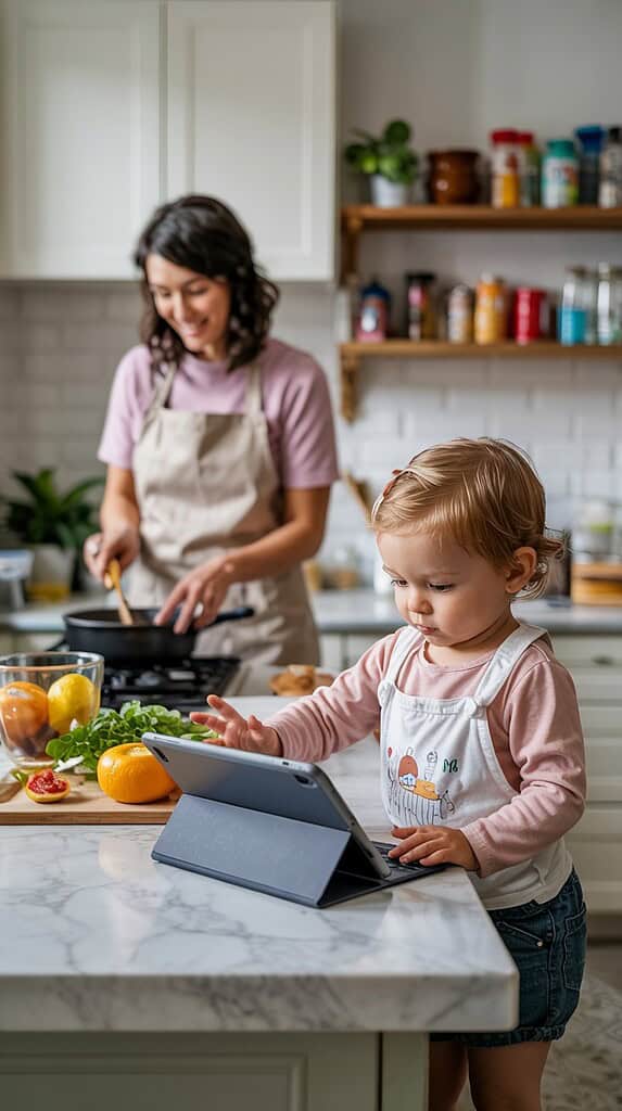 Young toddler sitting on a checkered rug playing with a tablet in a blue case. The child is wearing a white t-shirt with a cartoon design and blue shorts. Colorful developmental toys are visible on shelves in the background, including stacking rings and activity toys.
