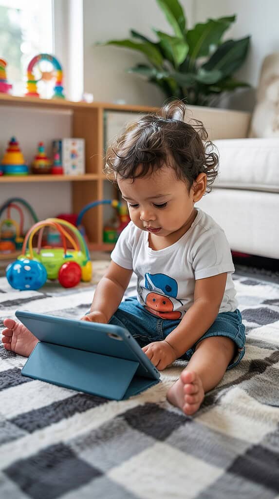Toddler in blue denim overalls and white long-sleeve shirt engaged with an educational app on a tablet placed on a wooden tray. The living room setting includes a white sofa, colorful developmental toys on shelves, and indoor plants, creating a child-friendly learning environment.