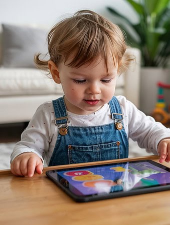 Split image showing the same toddler in two different activities: top image shows the child using a tablet while sitting at a wooden table; bottom image shows the same child playing with colorful educational toys including stacking rings and a bead maze on the table, demonstrating balanced screen and hands-on play