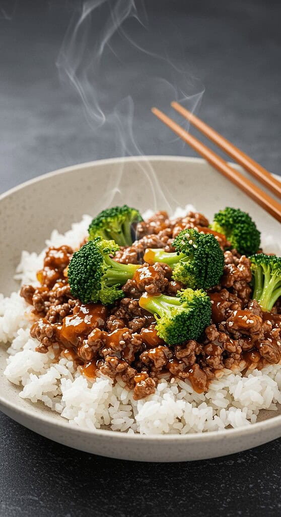 10 Easy Recipes With Ground Beef That Busy Moms Swear By 7 Steaming hot Asian beef and broccoli over rice in a bowl with steam rising.
