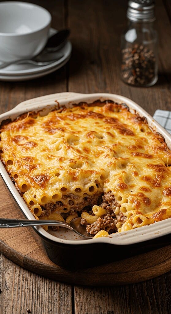 10 Easy Recipes With Ground Beef That Busy Moms Swear By 9 Creamy baked macaroni and cheese with melted cheese and ground beef, comforting pasta dish.