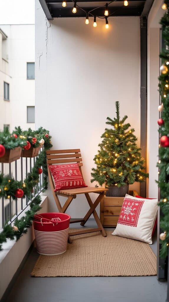 A small apartment balcony decorated for Christmas with warm string lights, a mini Christmas tree, garland on the railing, and red holiday pillows on a wooden chair.