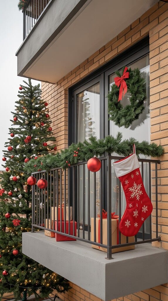 A brick apartment balcony decorated with garland, red ornaments, a Christmas wreath, and wrapped gifts beside a tall outdoor Christmas tree.