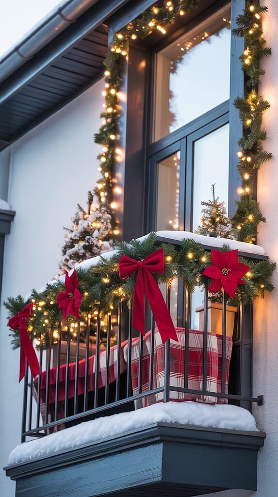 A snowy balcony decorated for Christmas with lit garland, red bows, and a small outdoor Christmas tree wrapped in lights.