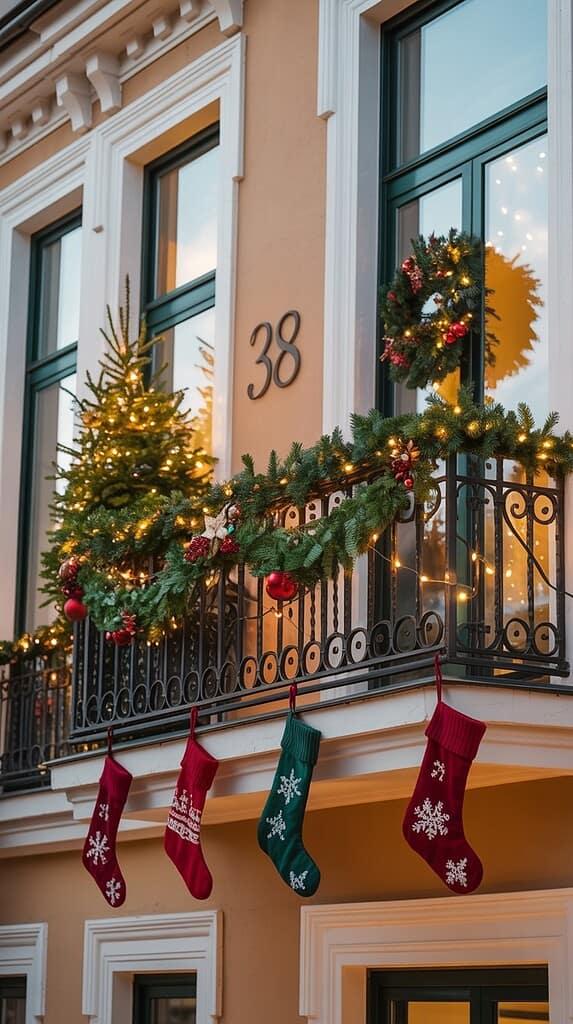 An outdoor balcony decorated with Christmas garland, wreaths, and warm lights, with red and green Christmas stockings hanging from the railing.
