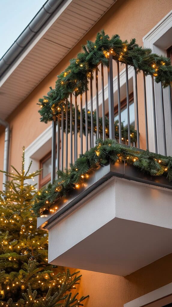 An apartment balcony wrapped in Christmas garland and warm white lights, with a lit outdoor Christmas tree beside it.