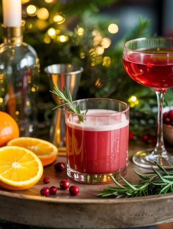 Festive Christmas cocktail in a martini glass garnished with cranberries and rosemary sprigs. The drink has a rich red color reminiscent of holiday cheer, with a frosted sugar rim. Text overlay reads 'Christmas Cocktail Recipes' against a dark background decorated with holiday elements.