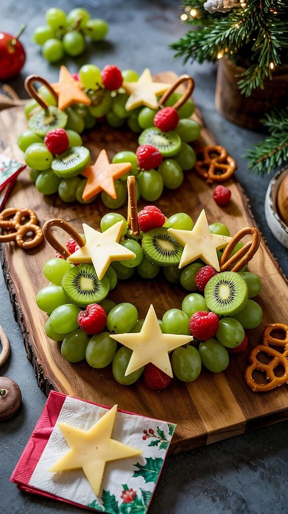 Christmas wreath fruit platters made with green grapes, kiwi slices, raspberries, cheese stars, and pretzel sticks arranged on a wooden serving board with festive decorations.