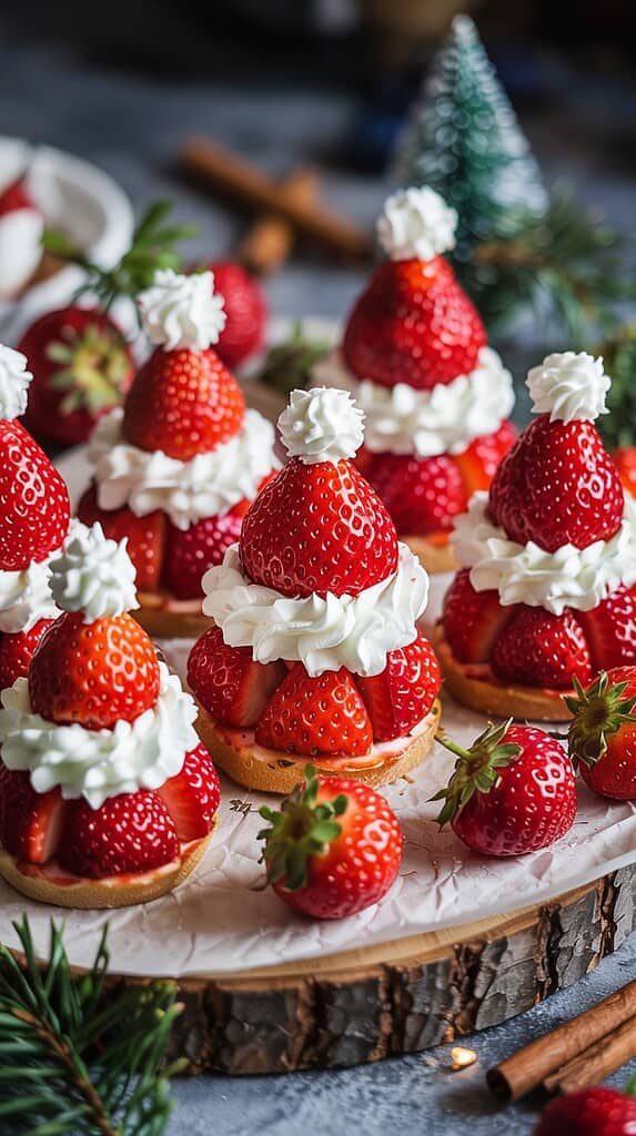 Strawberry Santa hat treats with whipped cream on shortbread cookies, arranged on a rustic wooden platter with fresh strawberries and festive pine decorations.