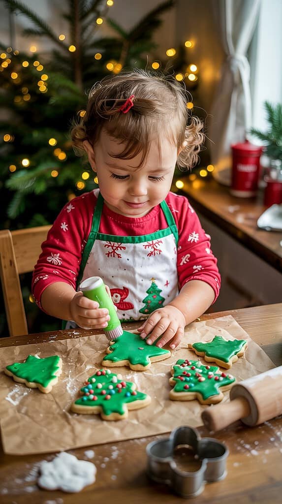 Toddler in a Christmas apron decorating green Christmas tree cookies with icing and sprinkles on parchment paper with cookie cutters and rolling pin nearby.