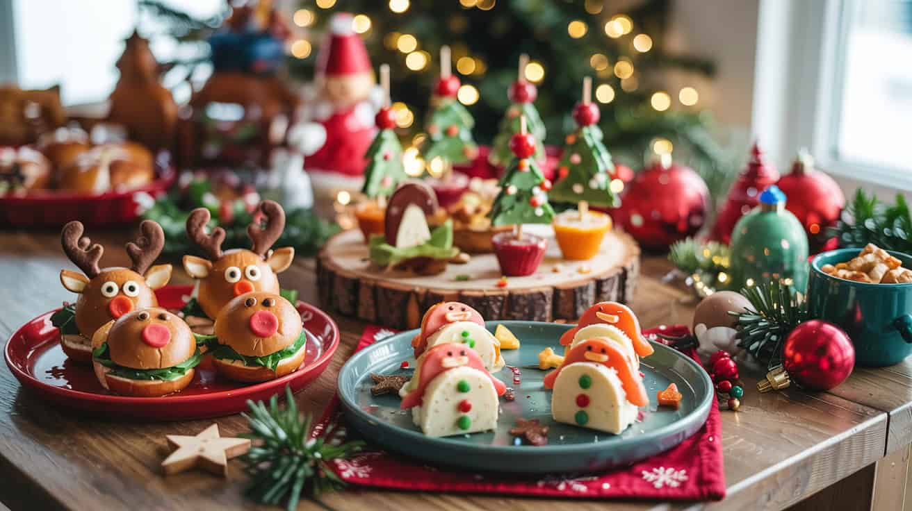 Festive Christmas food spread featuring reindeer-shaped sandwiches, cheese snowmen, and decorated treats arranged on colorful plates with holiday decorations.