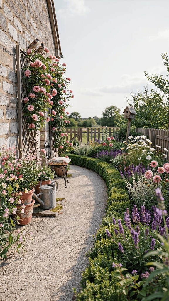 Curved gravel pathway beside a stone cottage, lined with neatly trimmed boxwood hedges, blooming flowers, climbing pink roses, and a cozy garden seating area on a sunny day.