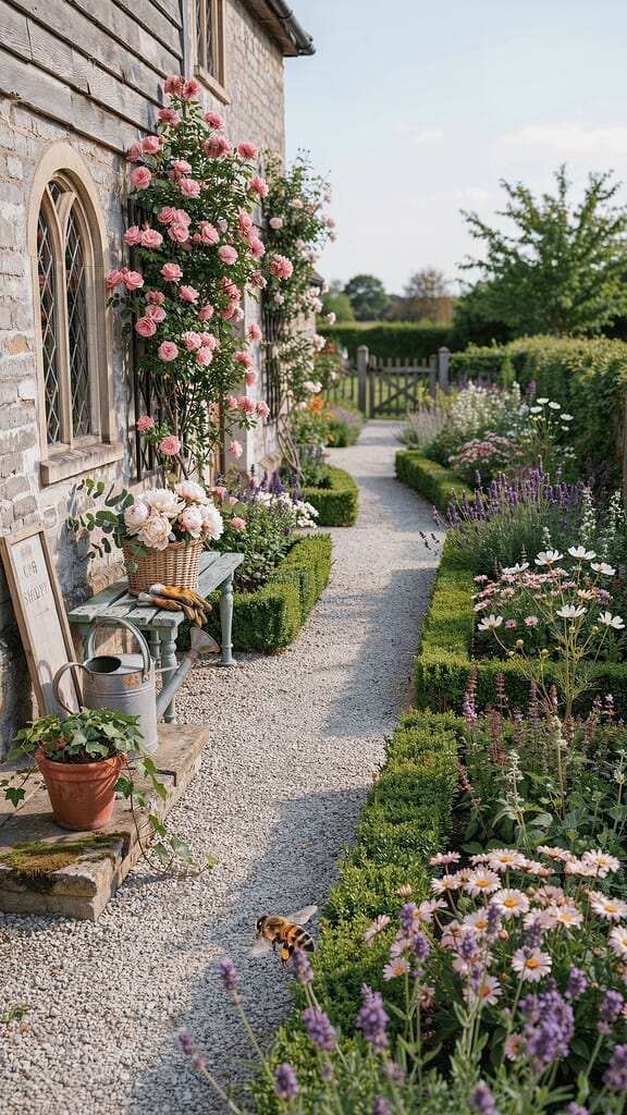 Charming cottage garden beside a stone house with climbing pink roses, neatly trimmed boxwood borders, colorful flower beds, and a gravel pathway leading to a garden gate.