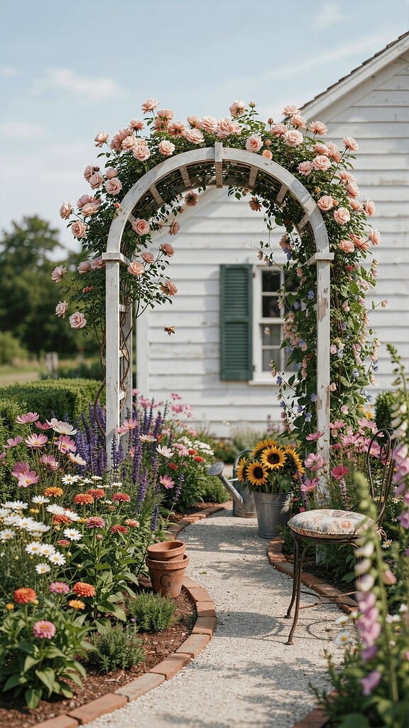 Cottage-style garden pathway leading through a white rose-covered arbor, surrounded by colorful flowers, tidy garden beds, and charming backyard seating on a bright summer day.