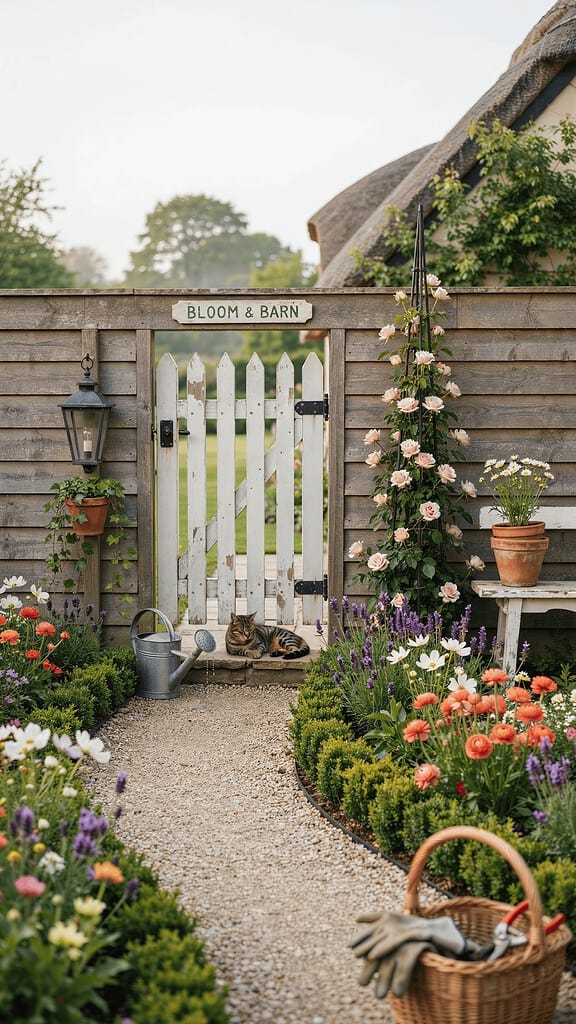 A lush garden scene with a white picket gate, blooming flowers, and garden tools.