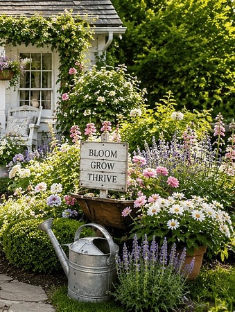 Welcoming cottage-style front garden with a stone pathway, colorful flower beds, decorative garden signs, and a charming white cottage covered in blooming vines.