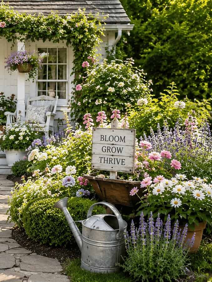 Welcoming cottage-style front garden with a stone pathway, colorful flower beds, decorative garden signs, and a charming white cottage covered in blooming vines.