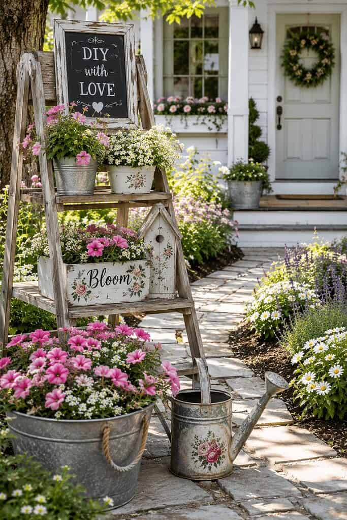 Rustic DIY garden display made from a wooden ladder decorated with flower-filled planters, vintage watering cans, and cottage-style garden accents along a bright front walkway.
