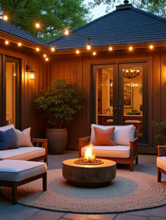 Cozy backyard ideas with string lights, seating area, and potted plants for a peaceful outdoor retreat.