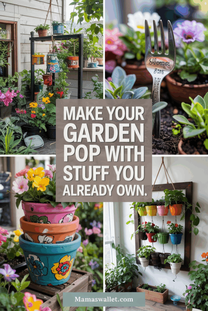 10 Easy Diy Garden Art Ideas That Add Personality To Your Outdoor Space 2 Collage of vibrant DIY garden projects using everyday items. Features a tiered display of colorful painted flower pots, a creative use of a fork as a plant marker, and a wall-mounted planter with hanging pots. The garden scene includes lush greenery and blooming flowers. Text overlay reads 'Make Your Garden Pop With Stuff You Already Own.' Image from MamasWallet.com.