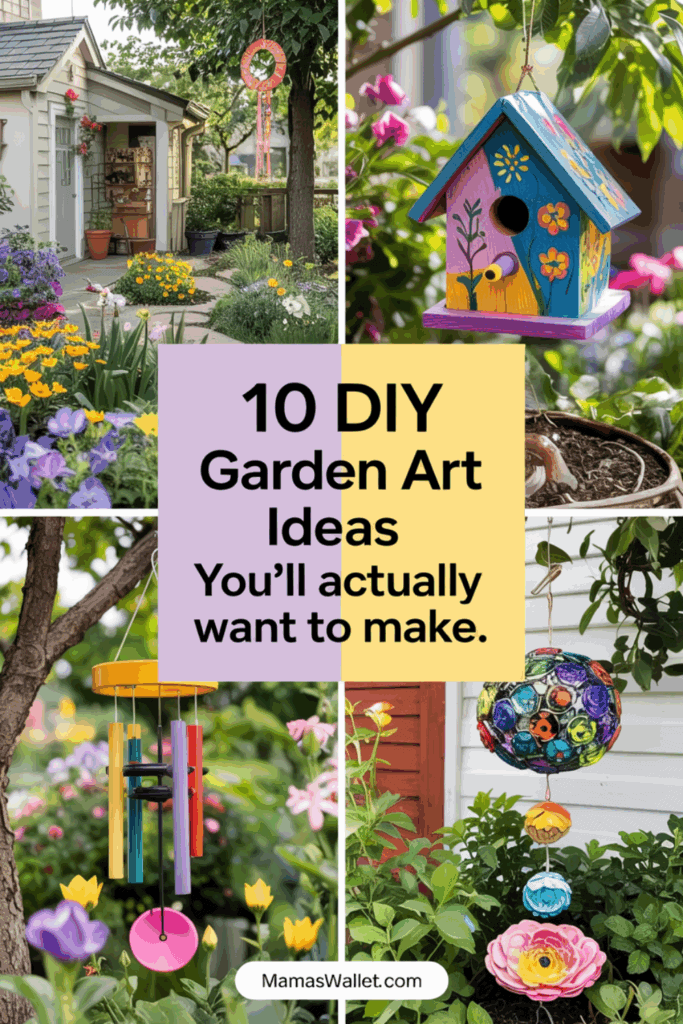 10 Easy Diy Garden Art Ideas That Add Personality To Your Outdoor Space 4 Collage of DIY garden art ideas featuring vibrant and creative decorations. Includes a colorful birdhouse hanging from a tree, a garden path leading to a cozy porch, a multicolored wind chime, and a decorative hanging orb made from recycled materials. Text overlay reads '10 DIY Garden Art Ideas You'll actually want to make.' Image from MamasWallet.com.