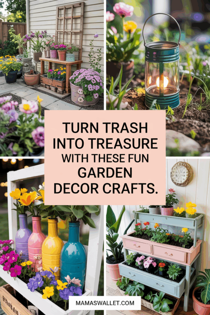 10 Easy Diy Garden Art Ideas That Add Personality To Your Outdoor Space 5 Collage of DIY garden decor crafts showcasing creative ways to repurpose items into garden art. Includes a wooden shelf with potted plants, a teal lantern glowing amidst greenery, colorful painted bottles used as flower vases, and a repurposed dresser turned into a planter. Text overlay reads 'Turn Trash Into Treasure With These Fun Garden Decor Crafts.' Image from mamaswallet.com.