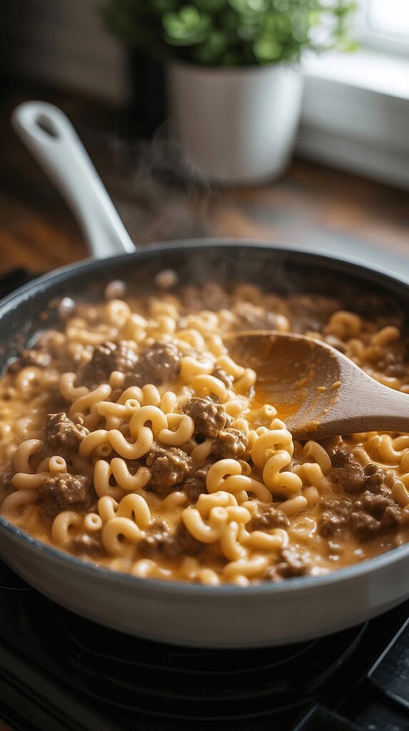 10 Easy Recipes With Ground Beef That Busy Moms Swear By 4 Cheesy beef macaroni cooking in a skillet on stovetop.