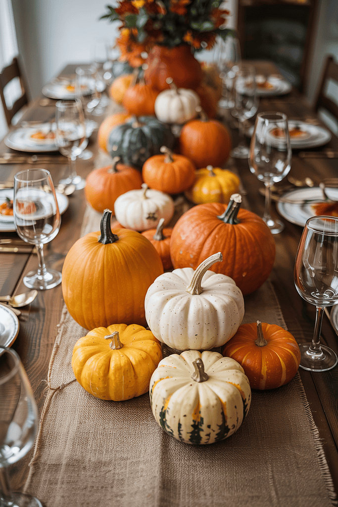 a table with pumpkins and glasses