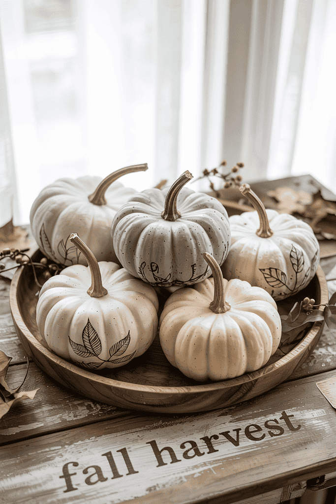 a group of white pumpkins on a wooden plate
