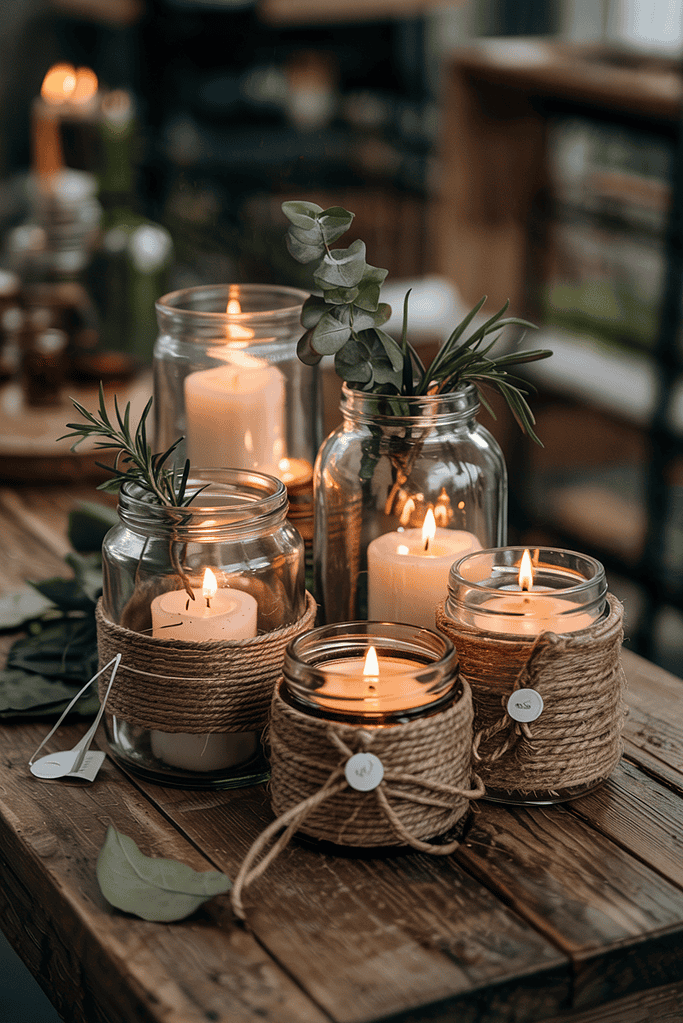 a group of candles in glass jars
