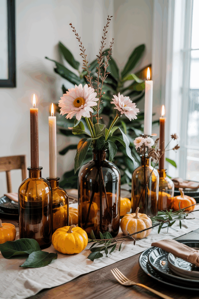 a table with candles and flowers