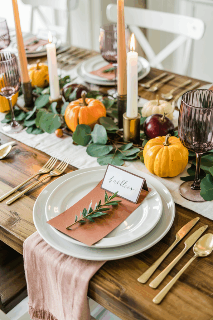 a table with plates and glasses and candles