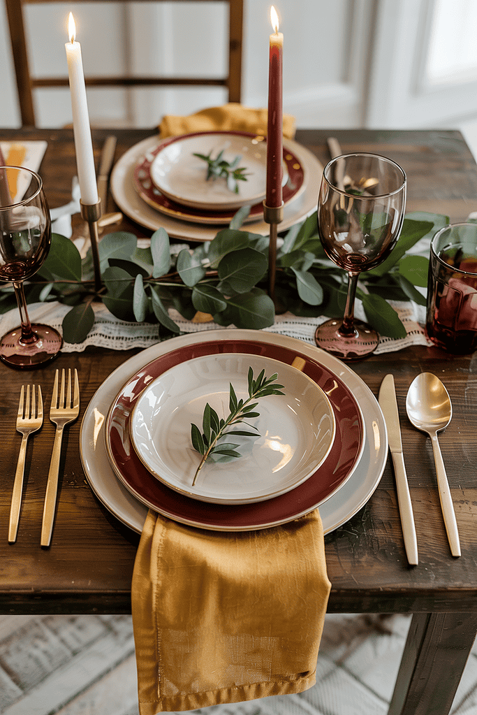 a table set with plates and glasses