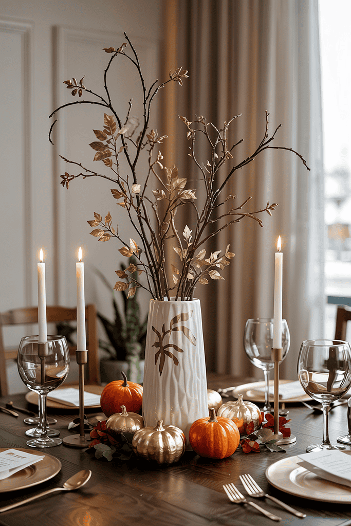 a table with a vase and candles
