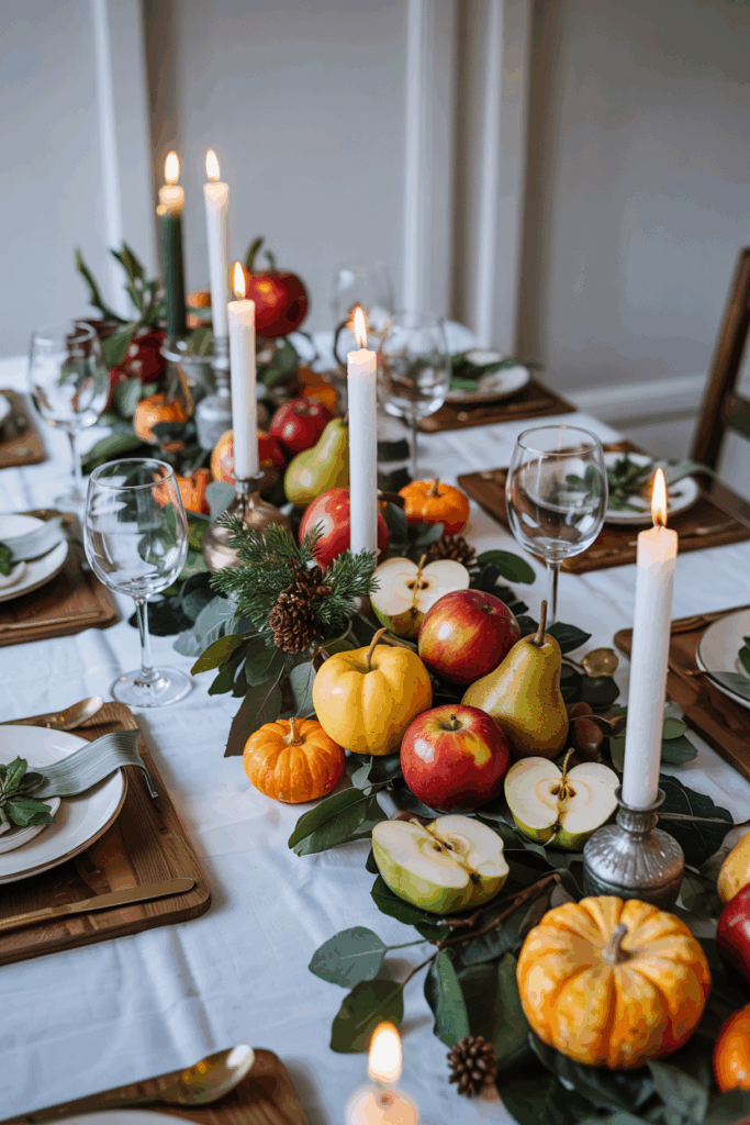 a table with fruit and candles