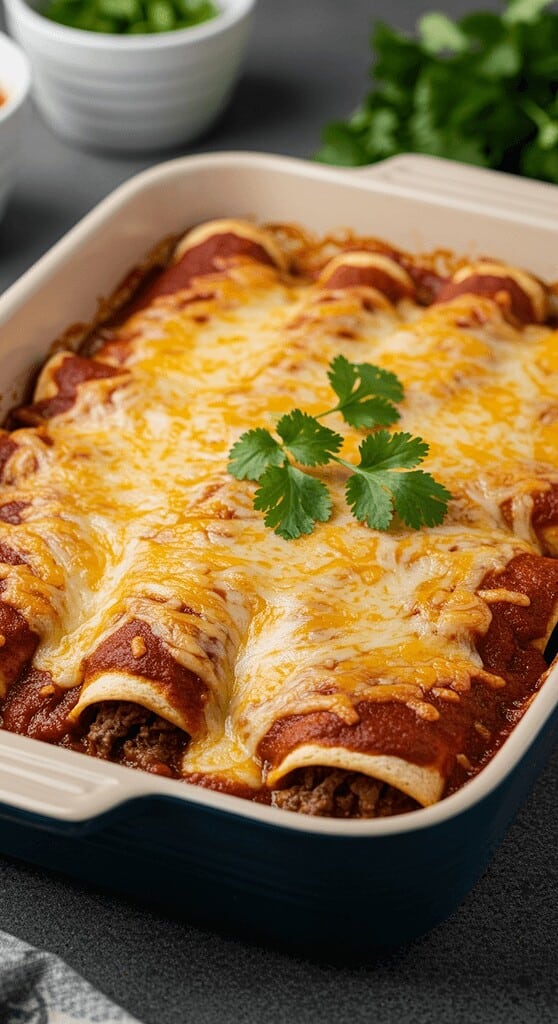 10 Easy Recipes With Ground Beef That Busy Moms Swear By 12 Cheesy baked enchiladas with ground beef in a white casserole dish.