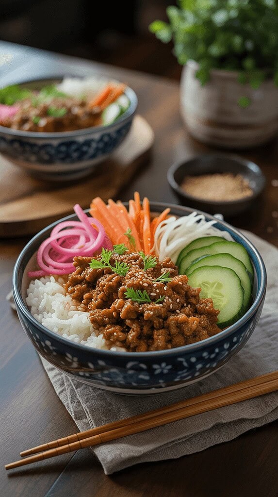10 Easy Recipes With Ground Beef That Busy Moms Swear By 3 Fresh Asian rice bowl with ground beef, vegetables, and herbs.