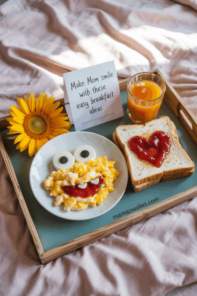 10 Mother'S Day Breakfast Ideas Kids Can Help Make 3 A breakfast tray with a plate of scrambled eggs arranged to resemble a smiling face, complete with ketchup for a mouth and sliced olives for eyes. Next to it is a slice of toast with a heart-shaped jam spread and a glass of orange juice. A bright sunflower is placed beside a card that reads 'Make Mom smile with these easy breakfast ideas.' The tray is on a soft pink bedspread.