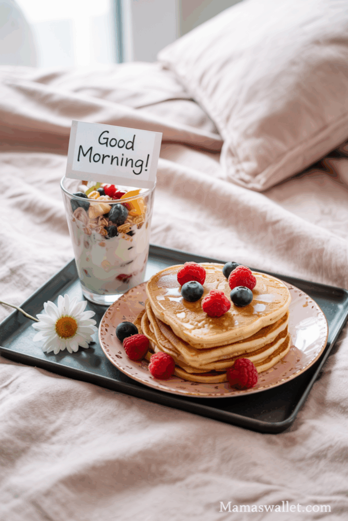 10 Mother'S Day Breakfast Ideas Kids Can Help Make 4 Breakfast in bed featuring a stack of pancakes topped with fresh raspberries and blueberries on a pink plate, alongside a yogurt parfait with granola and fruit in a glass labeled 'Good Morning!' A daisy rests on the tray, set on soft pink bedding. Image from mamaswallet.com.