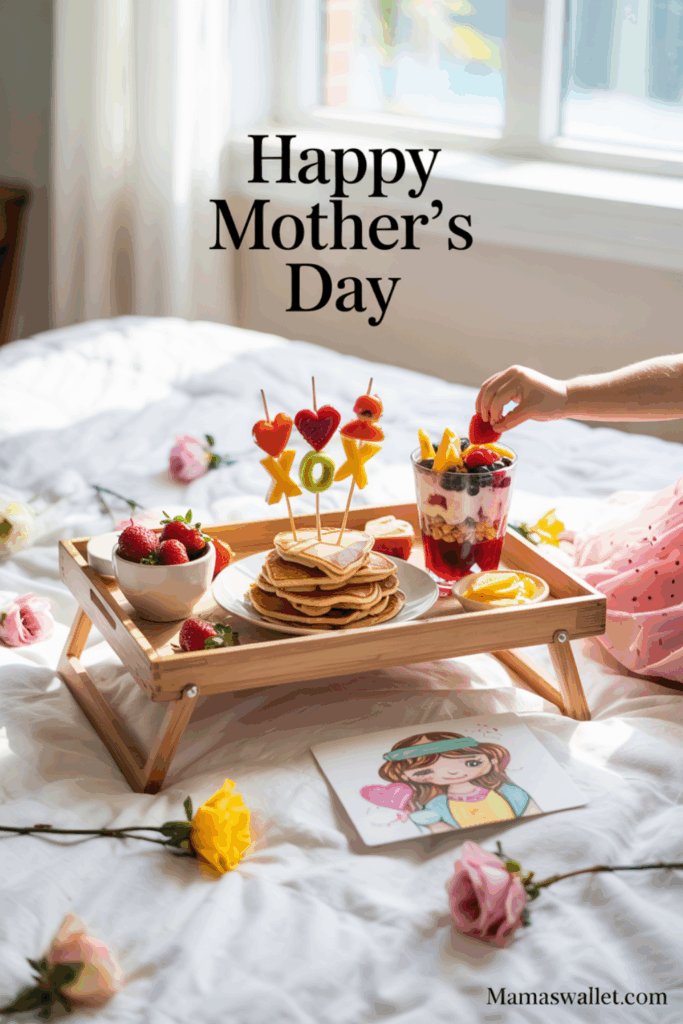 10 Mother'S Day Breakfast Ideas Kids Can Help Make 2 A bright and cheerful Mother's Day breakfast scene on a bed. A wooden tray holds a stack of pancakes with heart-shaped fruit skewers spelling 'XOX,' a bowl of fresh strawberries, and a parfait glass filled with layers of yogurt and berries. A child's hand is reaching for the parfait. Nearby, a handmade card featuring a drawing of a girl holding a heart is placed on the bed. The white bedspread is adorned with scattered roses, and the text 'Happy Mother's Day' is prominently displayed. The image is from mamaswallet.com.