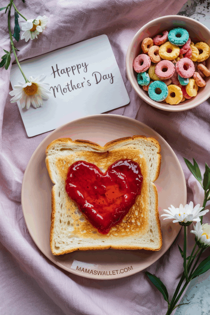 10 Mother'S Day Breakfast Ideas Kids Can Help Make 1 Mother's Day breakfast with a slice of toast topped with heart-shaped jam on a plate. Next to it, a bowl of colorful cereal and a card reading 'Happy Mother's Day' rest on a pink cloth. Daisies are arranged around the setup. The image is from mamaswallet.com.