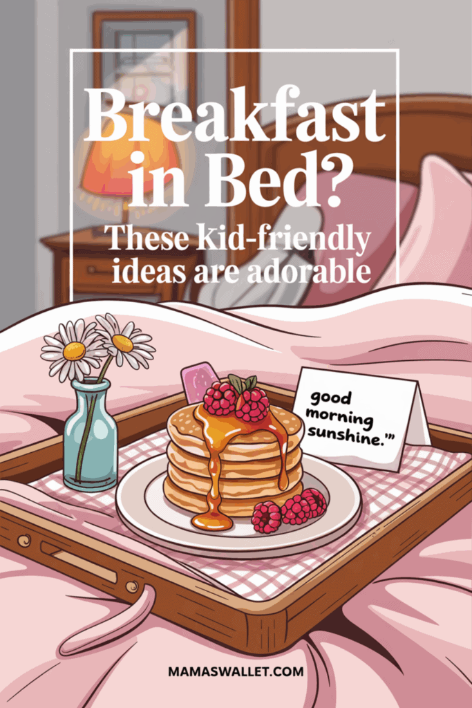 10 Mother'S Day Breakfast Ideas Kids Can Help Make 5 A cozy bedroom scene with a breakfast tray on a pink bedspread. The tray holds a stack of pancakes topped with syrup and fresh raspberries, next to a card that reads 'good morning sunshine.' A small vase with daisies adds a cheerful touch. The text on the image says 'Breakfast in Bed? These kid-friendly ideas are adorable.' The setting is warm and inviting, with a bedside lamp softly glowing in the background. The image is from mamaswallet.com.
