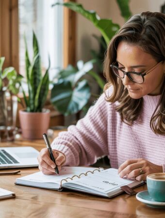 Woman in pink sweater writing in planner at desk surrounded by houseplants, creating a productive workspace for setting new year goals.