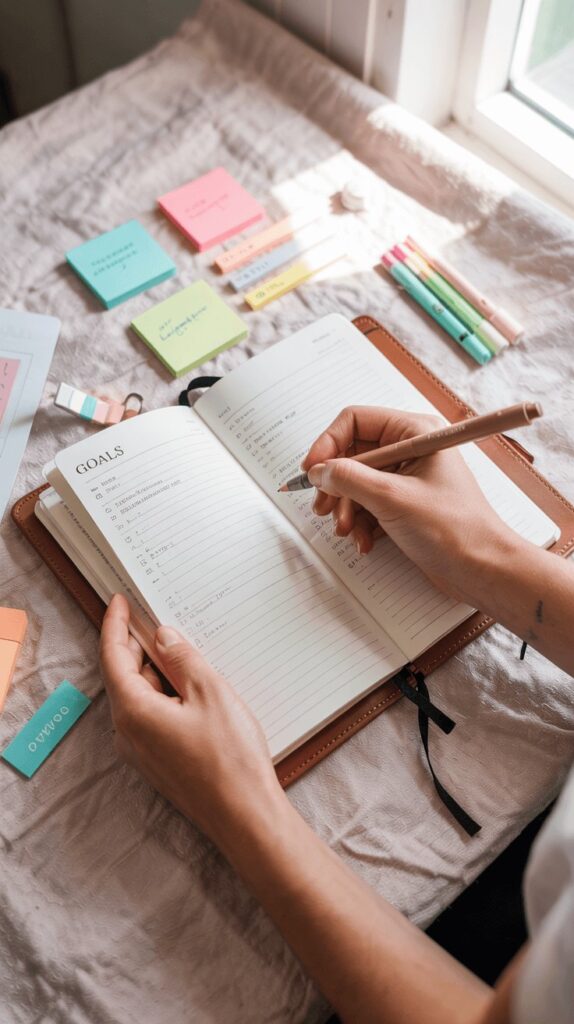 Close-up of hands writing in a "GOALS" planner with colorful sticky notes and highlighters for organizing new year resolutions.