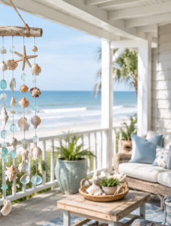 Handmade seashell wind chime hanging on a bright coastal porch with ocean-inspired outdoor decor.