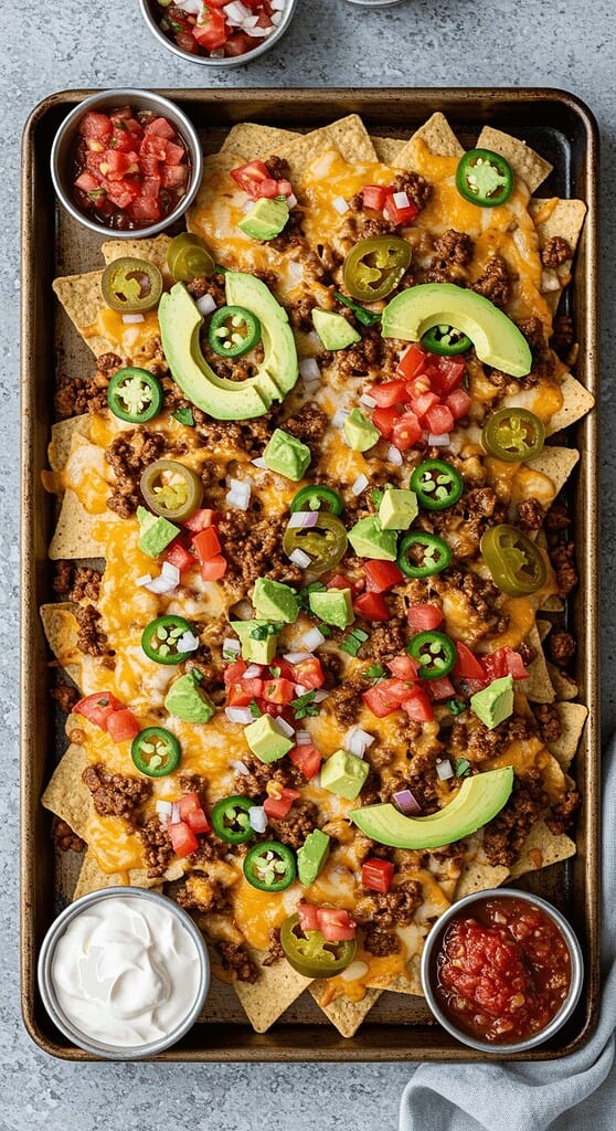 10 Easy Recipes With Ground Beef That Busy Moms Swear By 2 Delicious loaded nachos with beef, cheese, avocado, jalapenos, and fresh toppings.