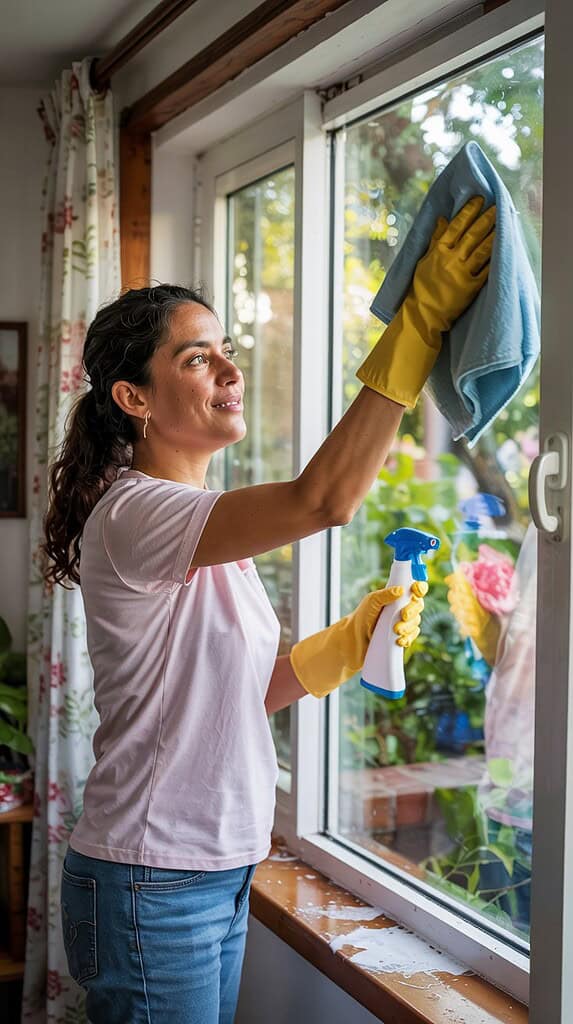 Woman in yellow rubber gloves cleaning window glass with spray bottle and blue cloth in sunlit room with floral curtains.