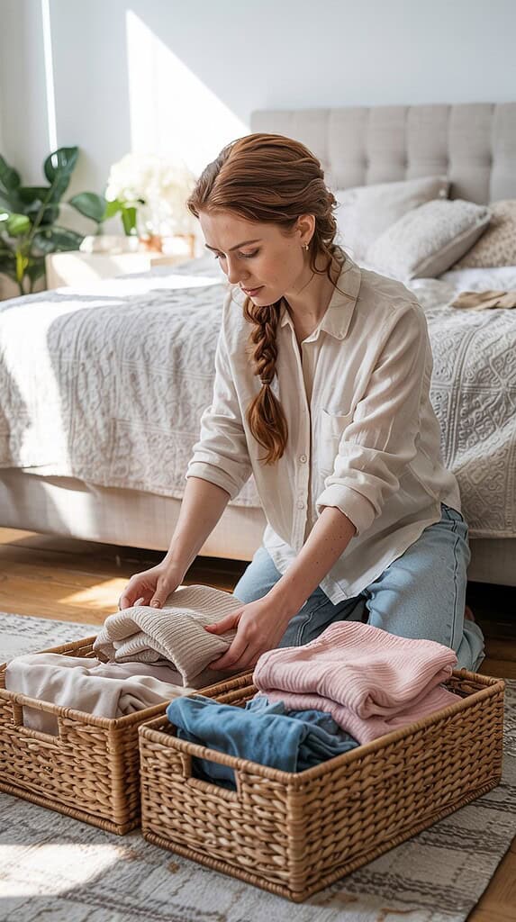 Woman with braided hair organizing folded clothes in wicker storage baskets near neatly made bed with natural sunlight.