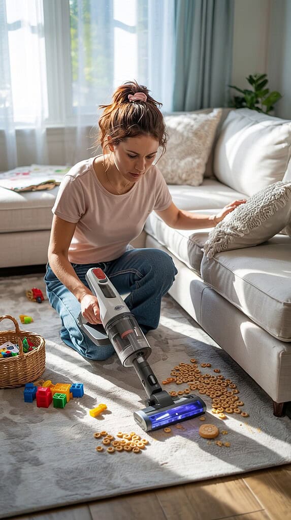 Woman using handheld vacuum to clean under couch, collecting scattered cereal and toys with basket nearby.