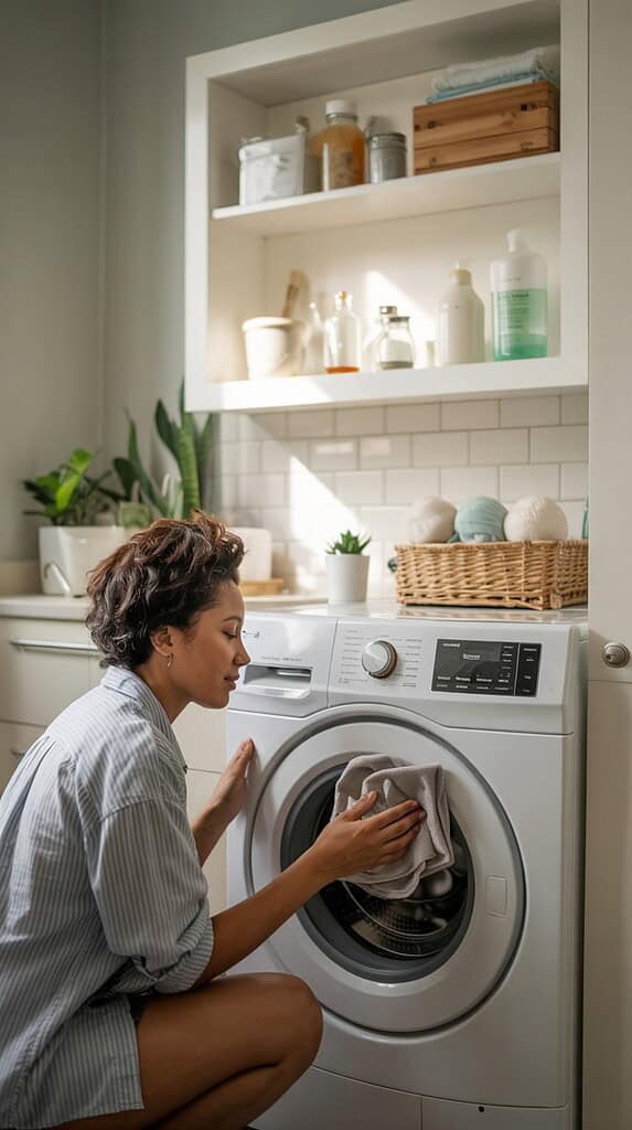 Woman in striped shirt loading laundry into front-loading washing machine in bright laundry area with organized shelving.